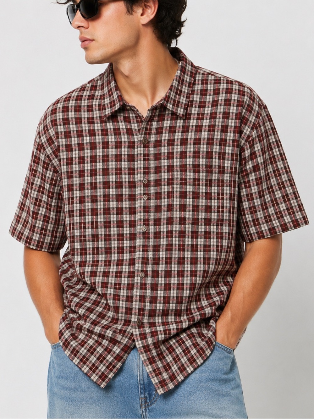 Cotton On Men’s XL Plaid Button-Up Shirt – Red, Burgundy, Brown & Cream NWT
